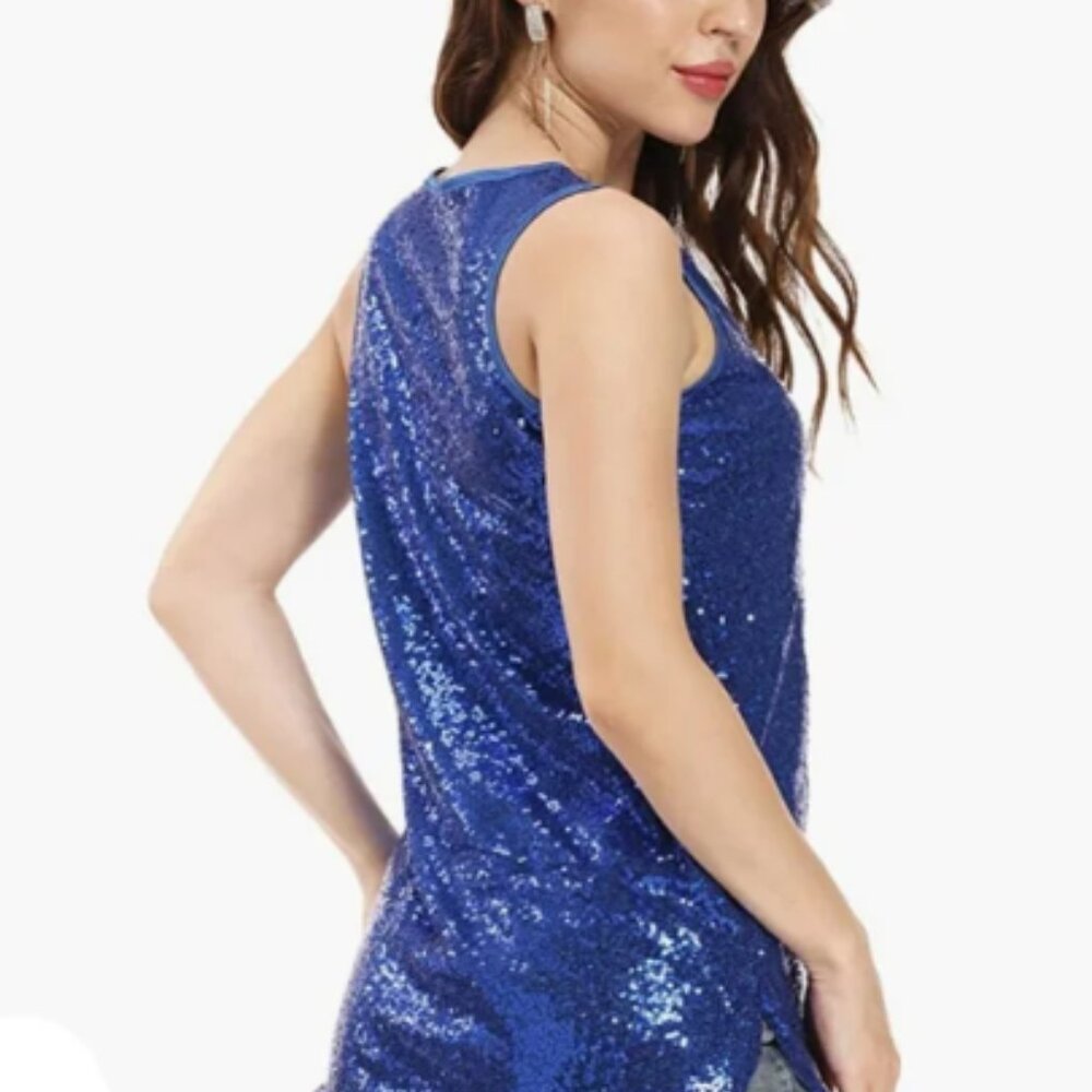 Blue Sequins Front and Back Sleeveless Top